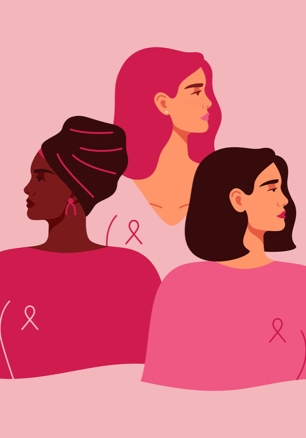 Three women with pink ribbons of different nationalities standing together. Breast cancer awareness prevention month. Concept of support and solidarity with females fighting oncological disease